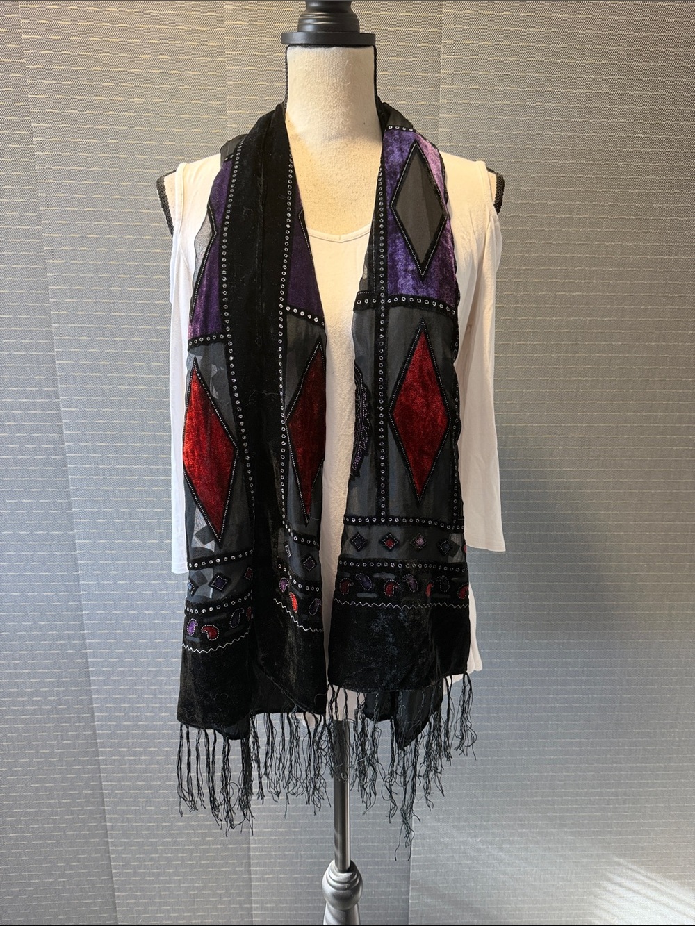 Sheer Black Velvet Panels Fringe Scarf/Wrap
